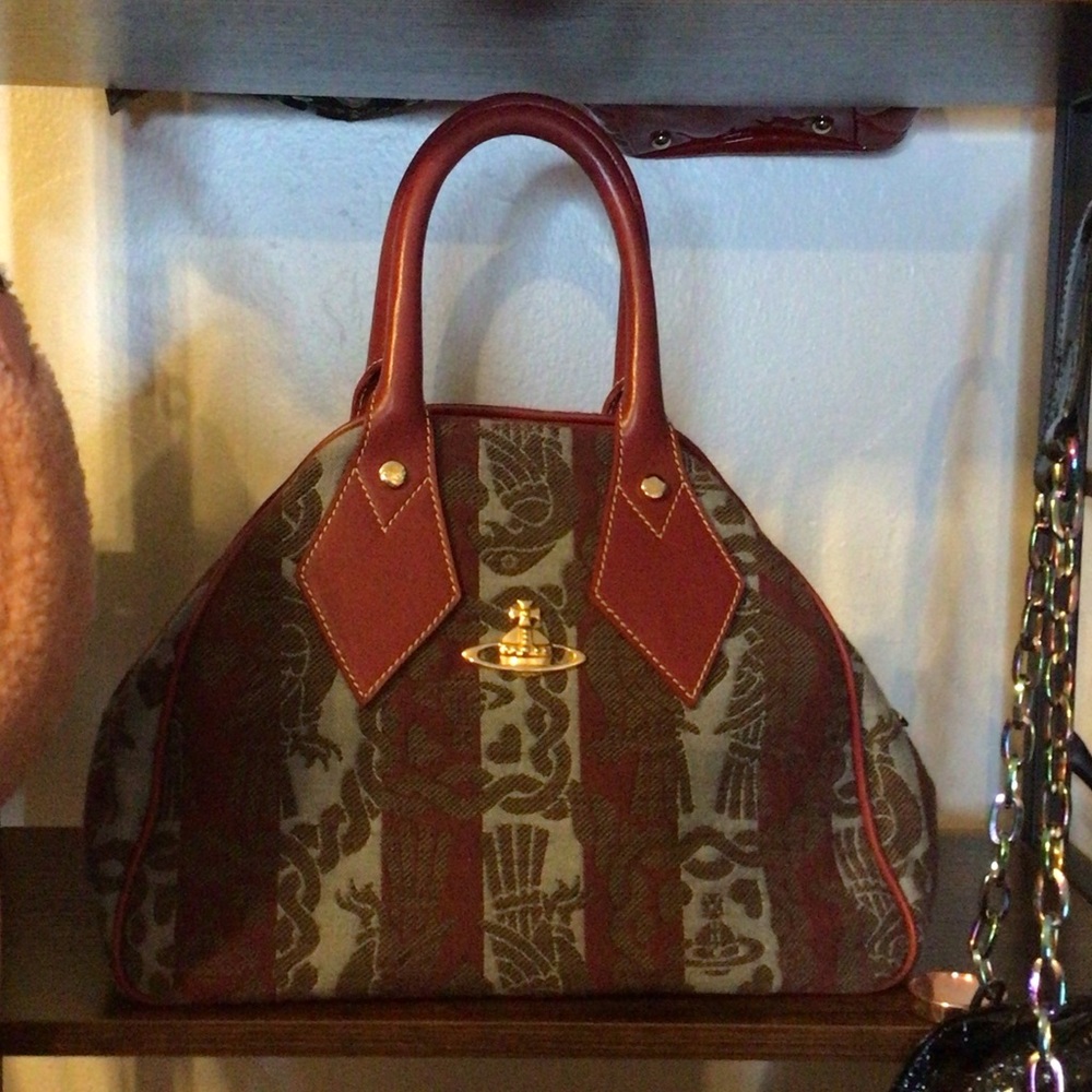 Vivienne Westwood Brown Red Striped Logo Dome Satchel